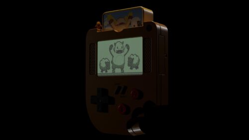 Retro Portable Gaming Console with Pixel Art Monsters Desktop Wallpaper