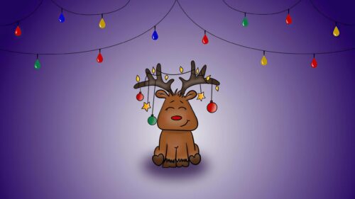 Cute Cartoon Reindeer with Christmas Ornaments Desktop Wallpaper