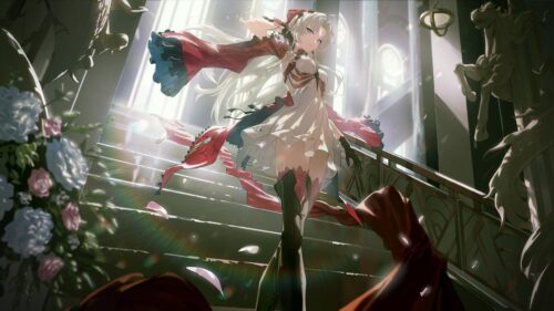 Elegant Anime Girl in Red and White Dress Standing on Stairs 4K Wallpaper