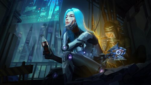 Cyberpunk Girl with Blue Hair and Robotic Enhancements 4K Desktop Wallpaper