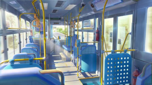Empty Anime Style Bus Interior Sunlight Aesthetic 4K PC Wallpaper