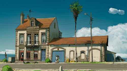 Anime Style Coastal Cafe and Street Scene 4K Desktop Wallpaper