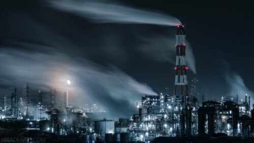 Industrial Nightscape Factory Landscape with Smokestacks 4K Wallpaper