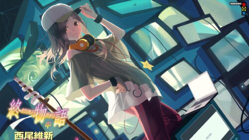 Anime Girl with Headphones Surrounded by Monitors Owarimonogatari PC Wallpaper
