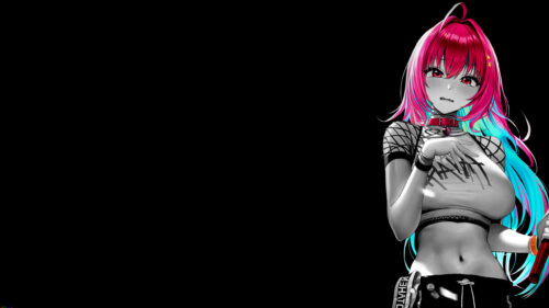 Sad Anime Girl with Vibrant Pink and Blue Hair Aesthetic PC Wallpaper
