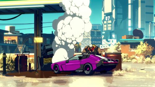 Cyberpunk Mechanic Fixing Purple Sports Car Anime Desktop Wallpaper