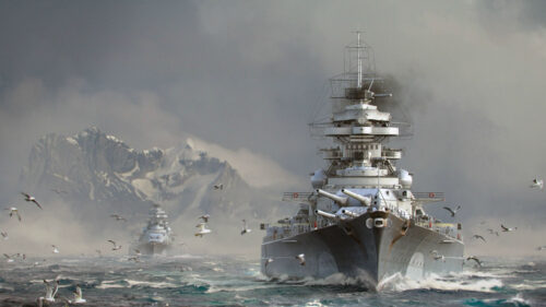 Epic Battleship at Sea with Mountain Backdrop 4K Wallpaper