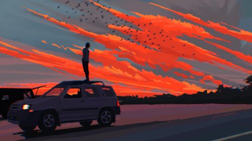 Person Standing on Car Roof at Sunset with Birds Silhouette 4K Wallpaper