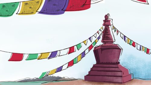 Stupa with Colorful Tibetan Prayer Flags Illustration PC Wallpaper