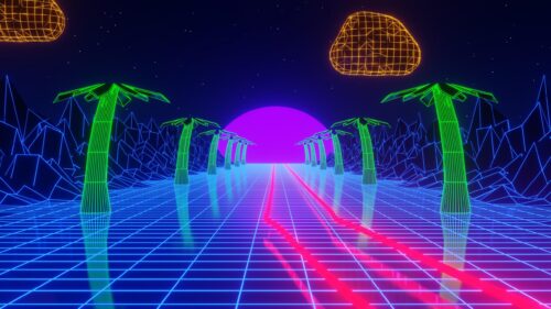 Retro Synthwave Sunset Landscape with Neon Palms 4K Wallpaper