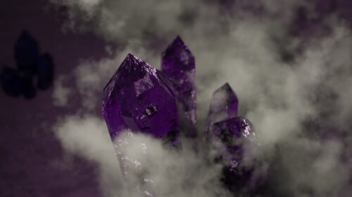 Mystical Purple Amethyst Crystals Surrounded by Ethereal Fog 4K Wallpaper