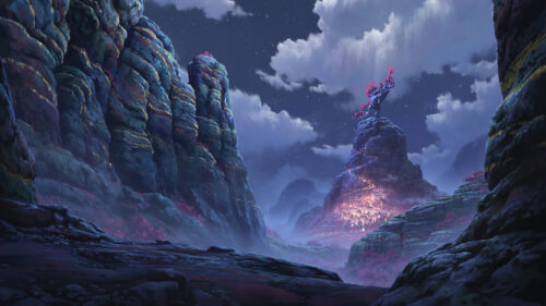 Fantasy Mountain Village with Glowing Red Tree at Night PC Wallpaper