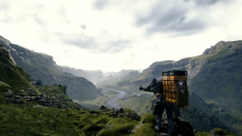 Sam Porter Bridges Overlooking a Vast Green Valley Death Stranding 4K Wallpaper