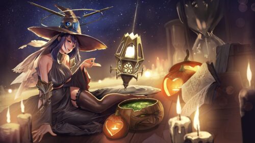 Anime Witch with Glowing Pumpkin and Magic Lantern Halloween Desktop Wallpaper