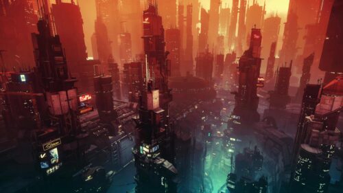 Futuristic Cyberpunk Megacityscape in Deep Red Neon Glow 4K Wallpaper