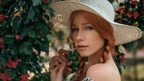 Beautiful Redhead Woman with Braids and Summer Straw Hat Desktop Wallpaper