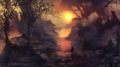 Mystical Fantasy Forest Traveler at Sunset 4K Desktop Wallpaper