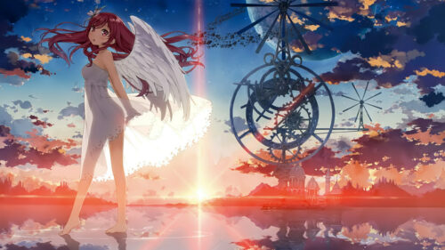 Stunning Anime Angel Girl with Clockwork Mechanism Sunset 4K Wallpaper