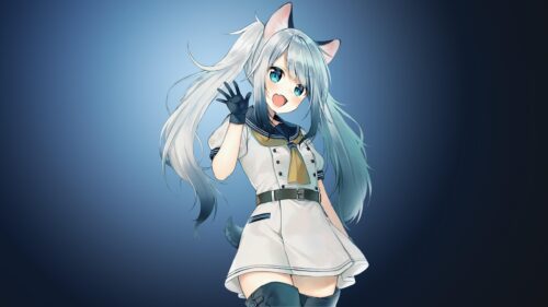 Cute Anime Cat Girl with Silver Hair Waving Hello Desktop Wallpaper