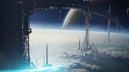 Futuristic Space Station Above Earth Clouds Sci-Fi 4K Wallpaper