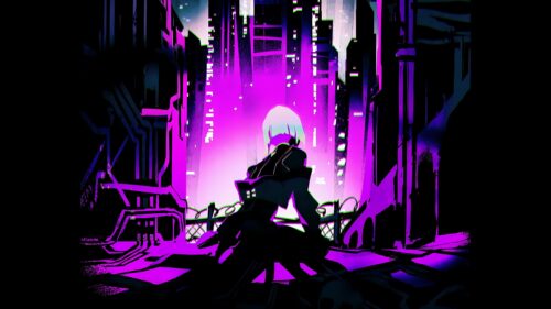 Cyberpunk Anime Girl Silhouette in Neon Purple City 4K Wallpaper