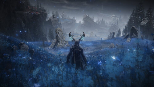 Elden Ring Dark Fantasy Knight in Blue Flower Field 4K PC Wallpaper