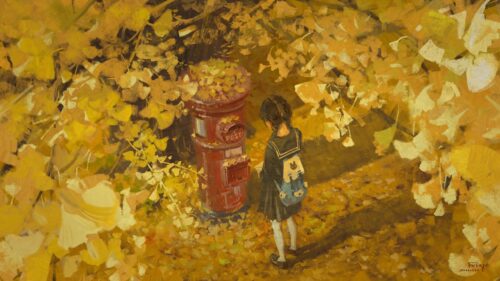 Anime Girl Sending Letter in Golden Autumn Ginkgo Forest Desktop Wallpaper