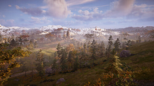 Epic Fantasy Landscape with Medieval Village and Snowy Mountains PC Wallpaper