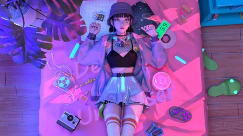 Anime Girl in Cyberpunk Bedroom Aesthetic PC Wallpaper