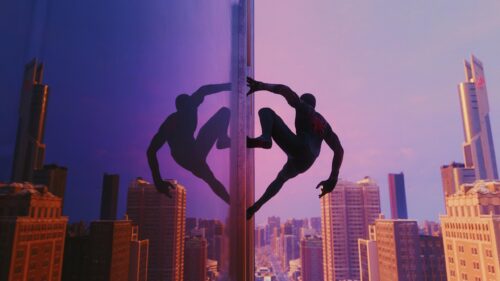 Miles Morales Spider Man Climbing Skyscraper Sunset 4K Wallpaper