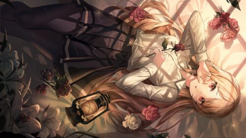 Beautiful Anime Girl Surrounded by Roses and Lantern Light 4K Wallpaper