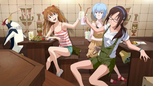 Asuka Rei and Mari Toasting at Dinner Evangelion PC Wallpaper