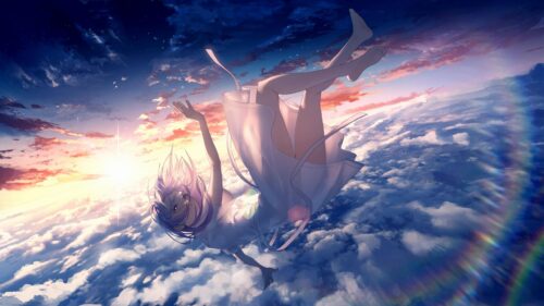Anime Girl Falling Through Beautiful Sunset Clouds 4K Wallpaper