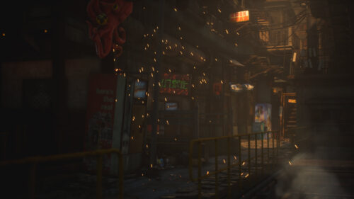 Atmospheric Cyberpunk Alleyway with Neon Lights and Floating Embers PC Wallpaper