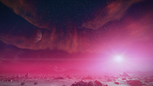 Ethereal Pink Alien Planet Landscape with Nebula and Distant Moon 4K Wallpaper