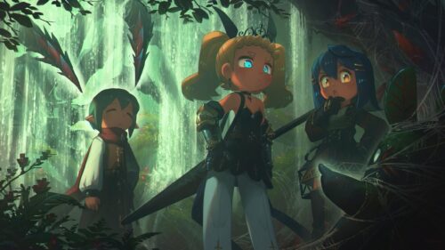 Anime Chibi Fantasy Warriors Before a Glowing Waterfall 4K Wallpaper