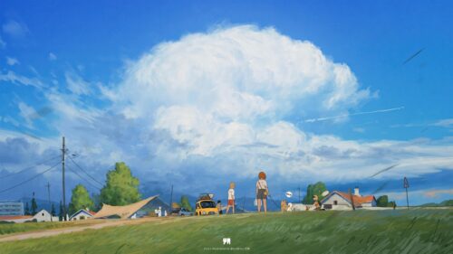 Anime Style Summer Landscape with Giant Cumulus Cloud PC Wallpaper