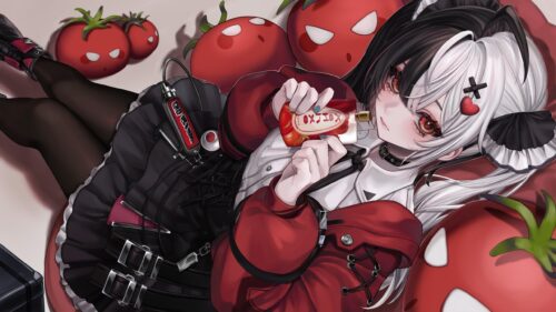 Anime Girl with Tomato Theme Aesthetic PC Wallpaper