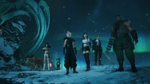 Final Fantasy VII Rebirth Characters Under Northern Lights 4K Wallpaper