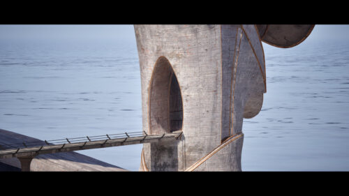 Brutalist Concrete Tower with Ocean Bridge Architecture Desktop Wallpaper