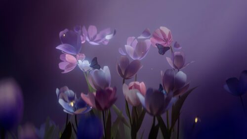 Dreamy Purple Tulip Garden with Butterflies 4K Desktop Wallpaper