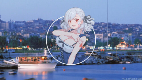 Anime Girl with White Hair in City Harbor Scenic PC Wallpaper