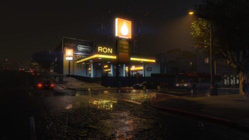Rainy Night GTA V Ron Gas Station Cinematic Cityscape PC Wallpaper