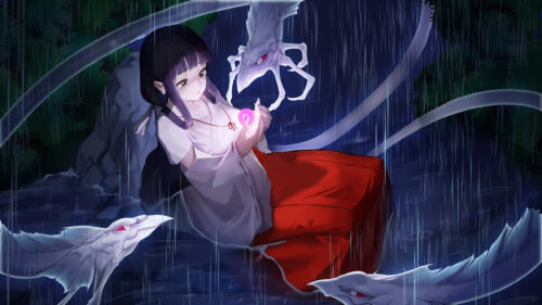 Anime Girl with Mythical Creatures in the Rain 4K PC Wallpaper