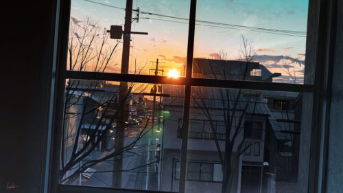 Stunning Anime Sunset View Through Window 4K PC Wallpaper