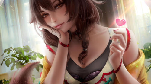 Beautiful Anime Girl with Brown Hair and Heart Symbol 4K Desktop Wallpaper