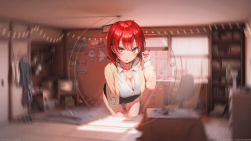 Anime Girl with Red Hair in Cozy Bedroom Interior 4K PC Wallpaper