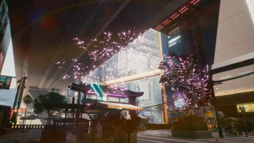 Cyberpunk 2077 Night City Sakura Tree Street Scene 4K Wallpaper