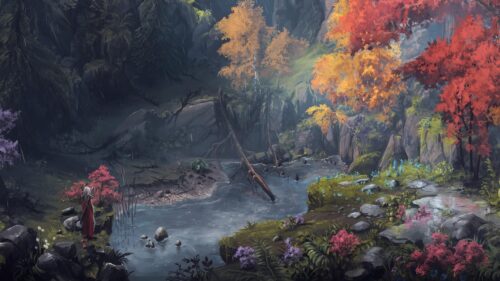 Solitary Traveler in a Rainy Enchanted Autumn Forest 4K Desktop Wallpaper