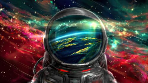 Astronaut Reflecting Earth in Deep Space Nebula 4K PC Wallpaper